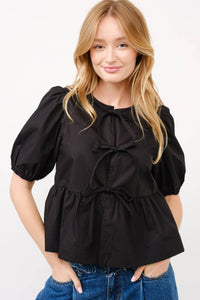 Poplin Front Bow Tie Peplum Blouse