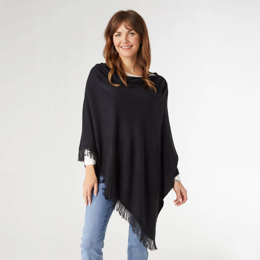 Lightweight Ponchos with Fringe - Black