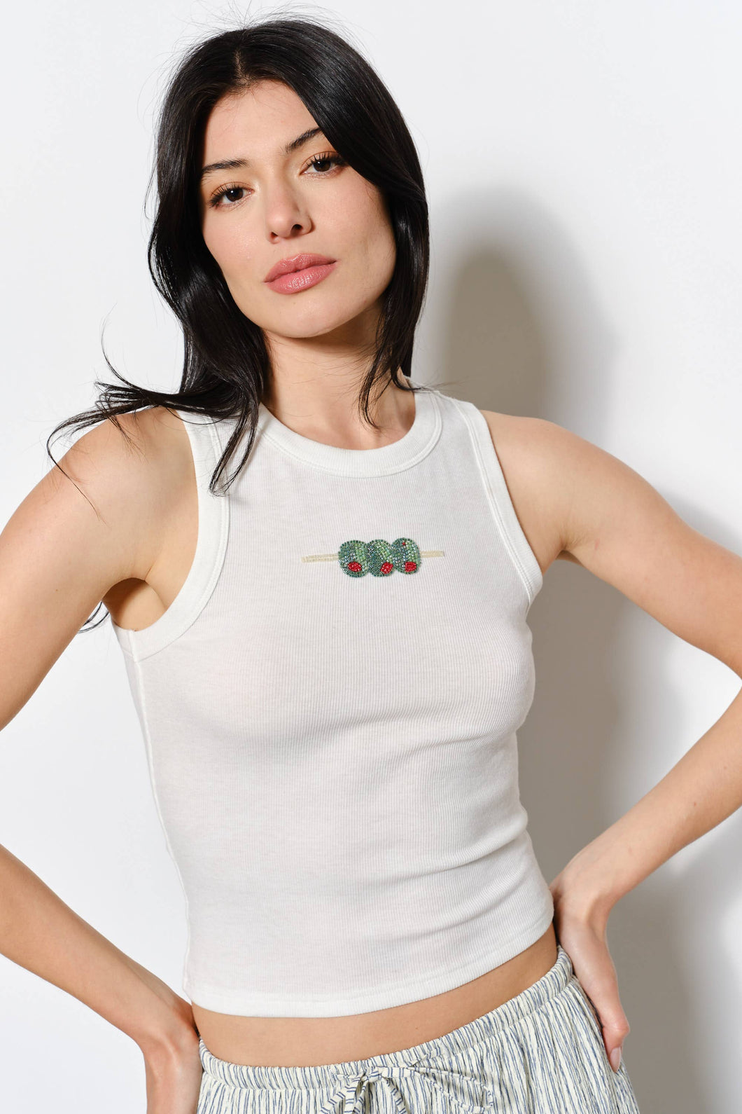 Pretty Garbage Olive Bead Embroidered Tank