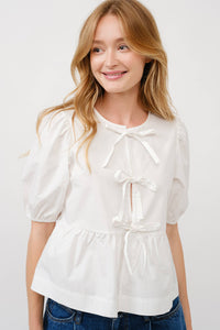 Poplin Front Bow Tie Peplum Blouse