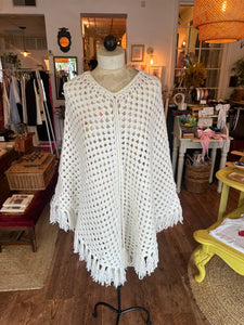 Vintage Knit White Poncho & Hat Set