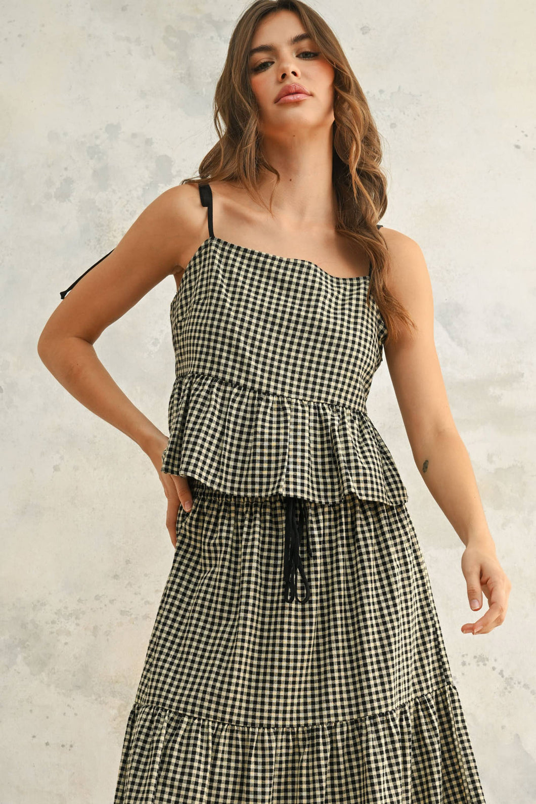 Gingham Tie Strap Peplum Top