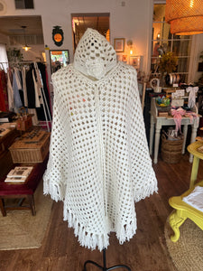 Vintage Knit White Poncho & Hat Set