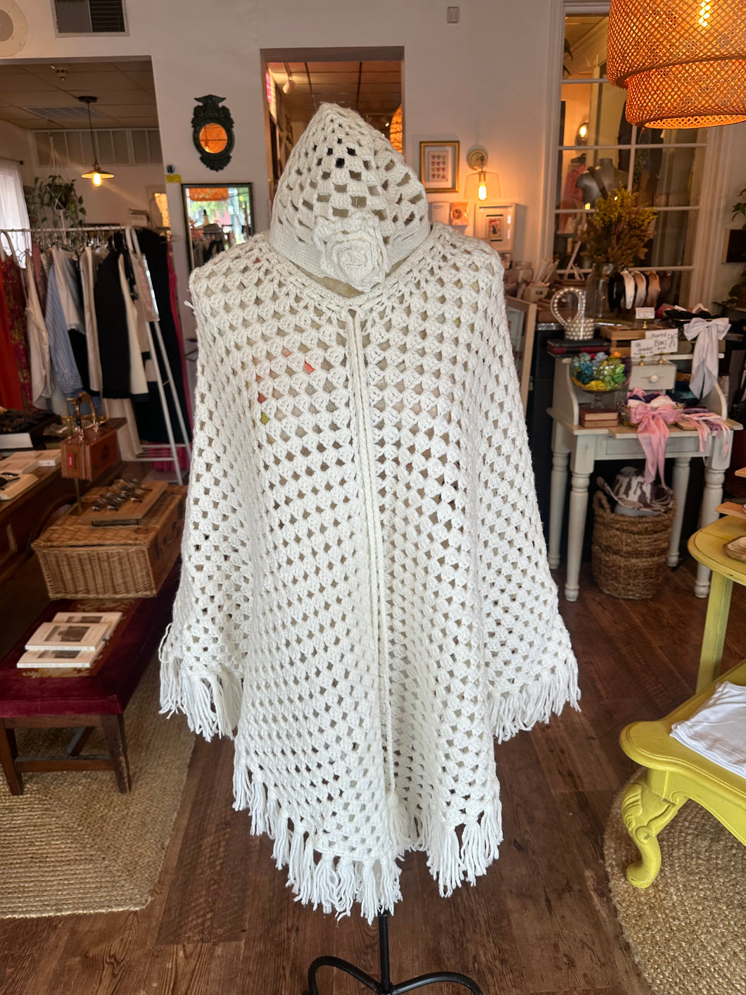 Vintage Knit White Poncho & Hat Set