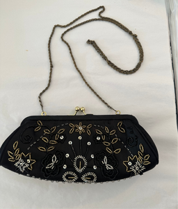 Vintage Beaded Black Clutch w/ Chain