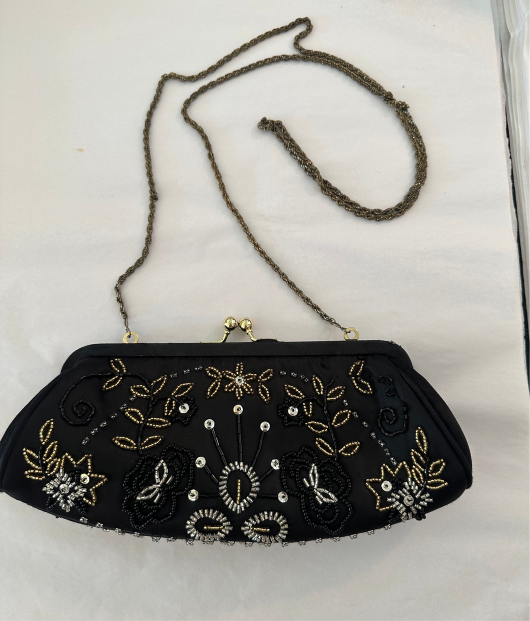 Vintage Beaded Black Clutch w/ Chain