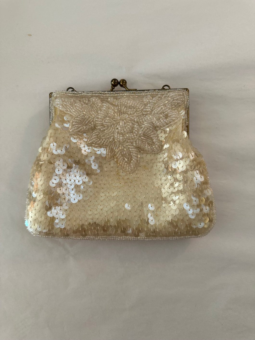 Vintage Cream Sequin Beaded Purse w/ Chain