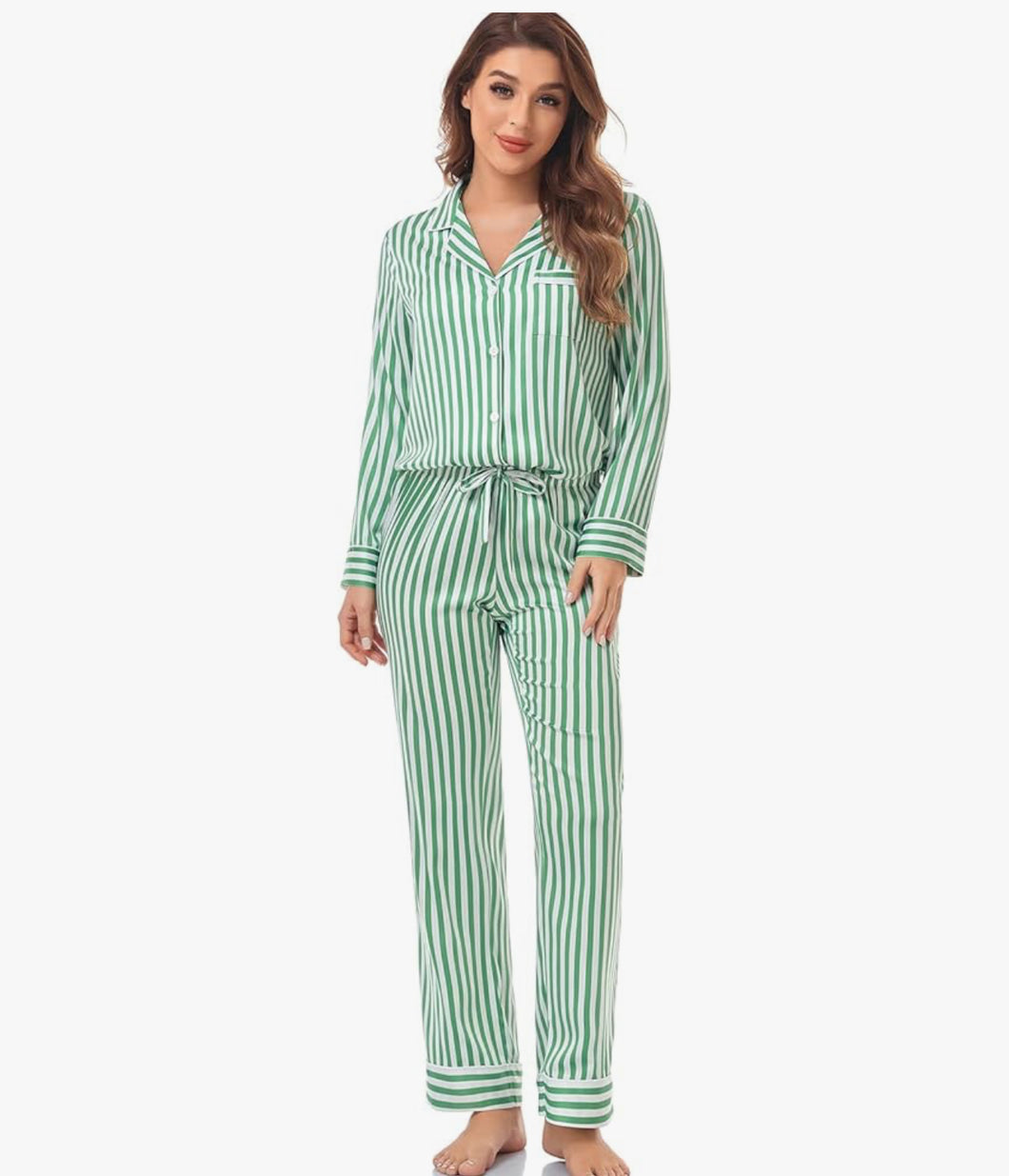 Satin Striped Pajama Set - Green