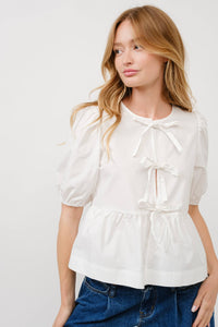 Poplin Front Bow Tie Peplum Blouse