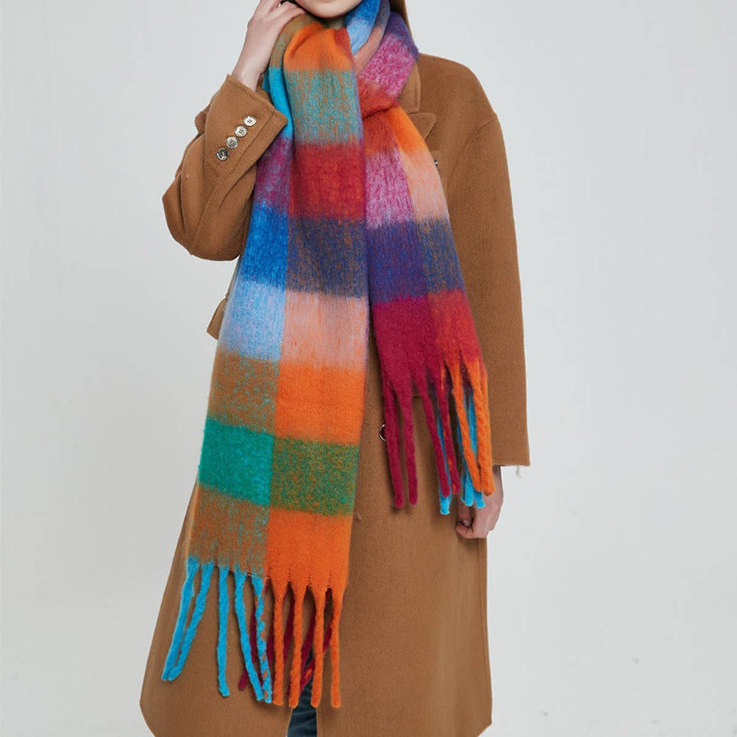 Plaid Fringe Oversized Blanket Scarf
