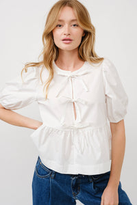 Poplin Front Bow Tie Peplum Blouse