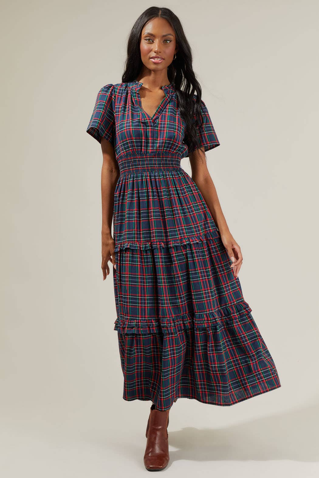Sugarlips Plaid Palmer Poplin Tiered Maxi Dress