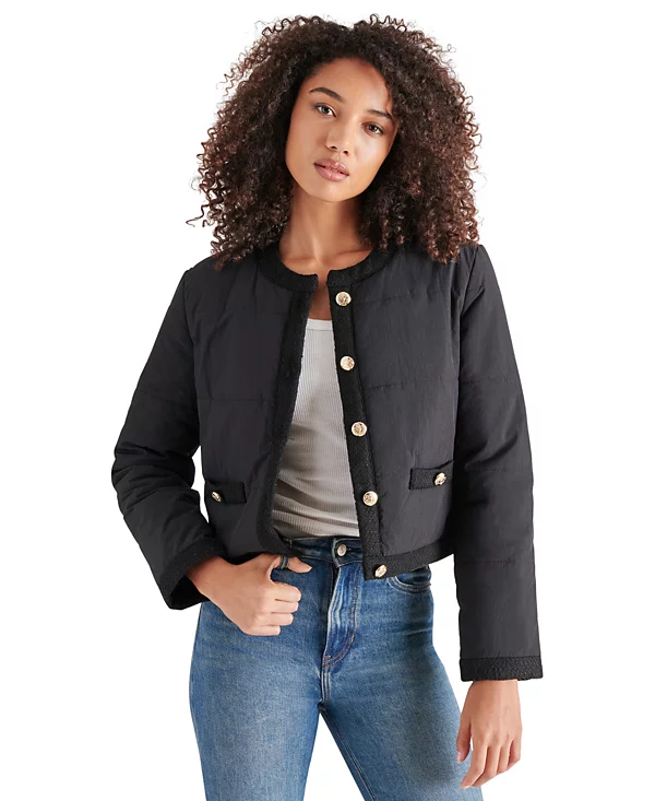 Steve Madden Coppelia Tweed-Trim Puffer Jacket