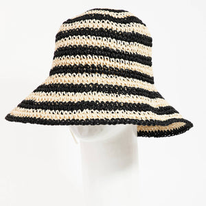 Straw Braided Striped Bucket Hat: BK